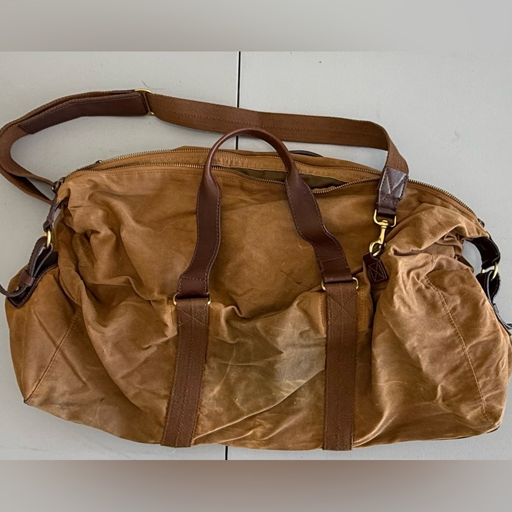 J. Crew Abington Dry Goods Weekender Duffel Bag with Tan Waxed Canvas & Leather